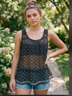 American Eagle Top Tank Swing Sheer Chiffon Heart Print Ruffle Black White Jun L
